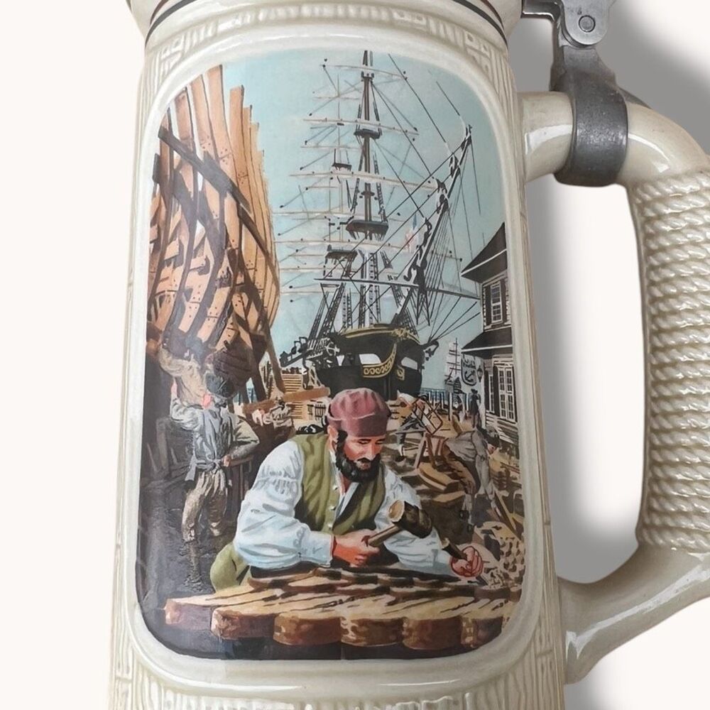 Avon 1986 The Shipbuilder Building of America Lidded Stein Uldis Klavins - Picture 4 of 9